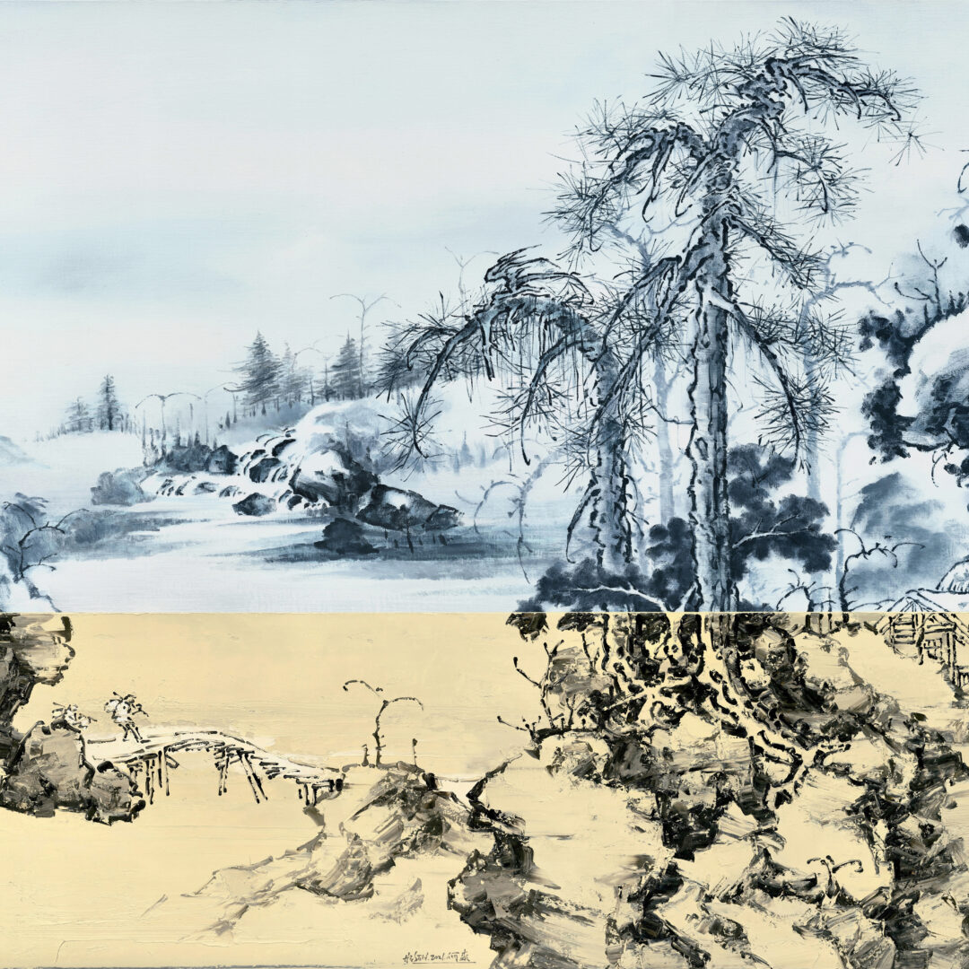 Snow Scene With Pine and Stone